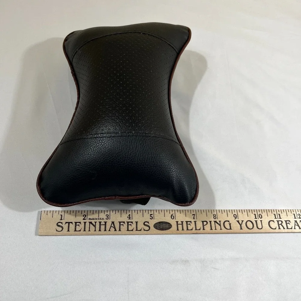 Black Leather Car Neck Pillow Headrest Support Cushion Bone Shape Brown Trim 10